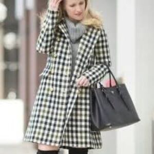 J. Crew Oxford Check Coat Double Breasted Gold Tone Buttons Size 6 100% Wool